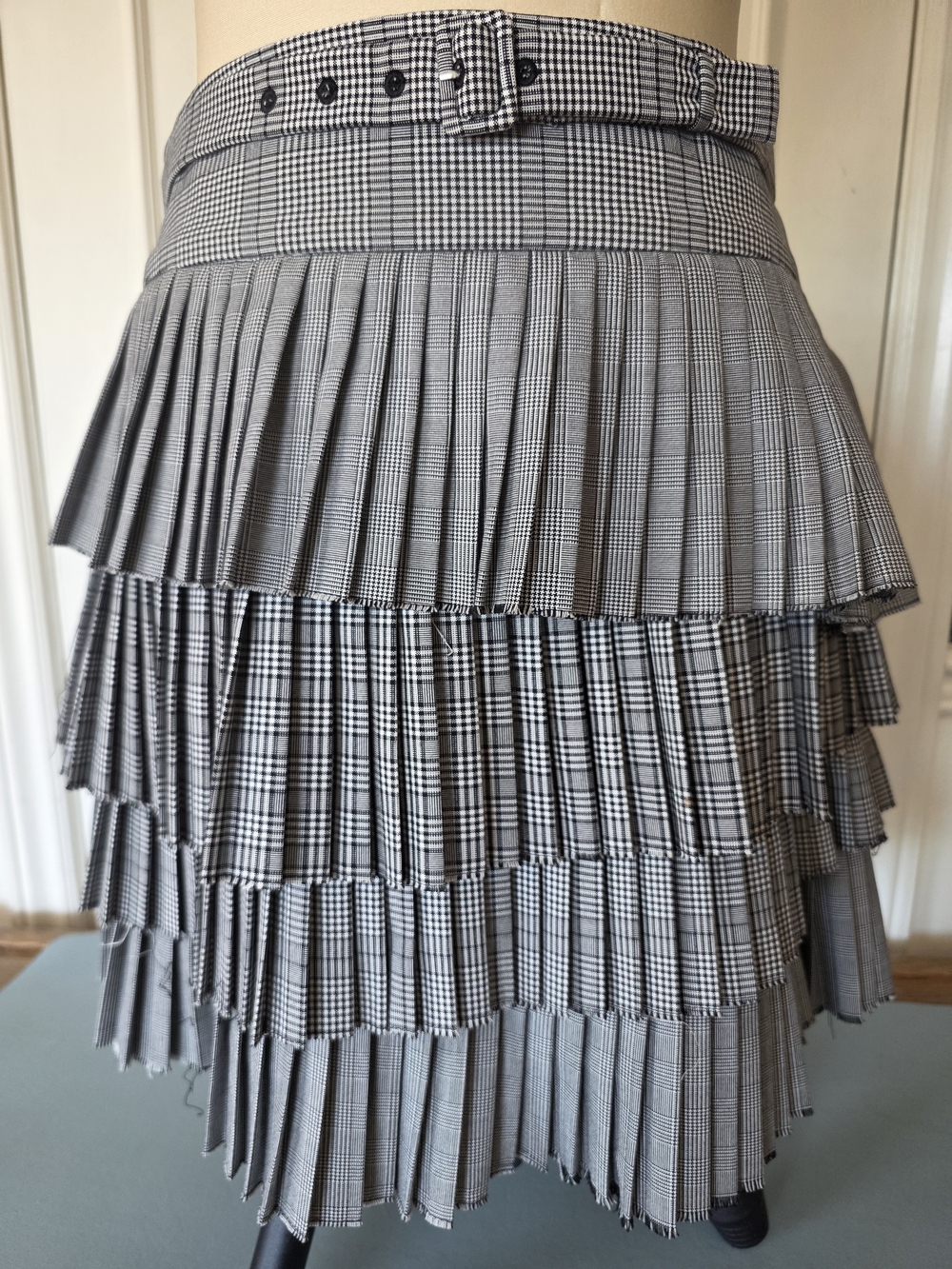 Pleated Tiered A-Line Skirt in Gray Plaid